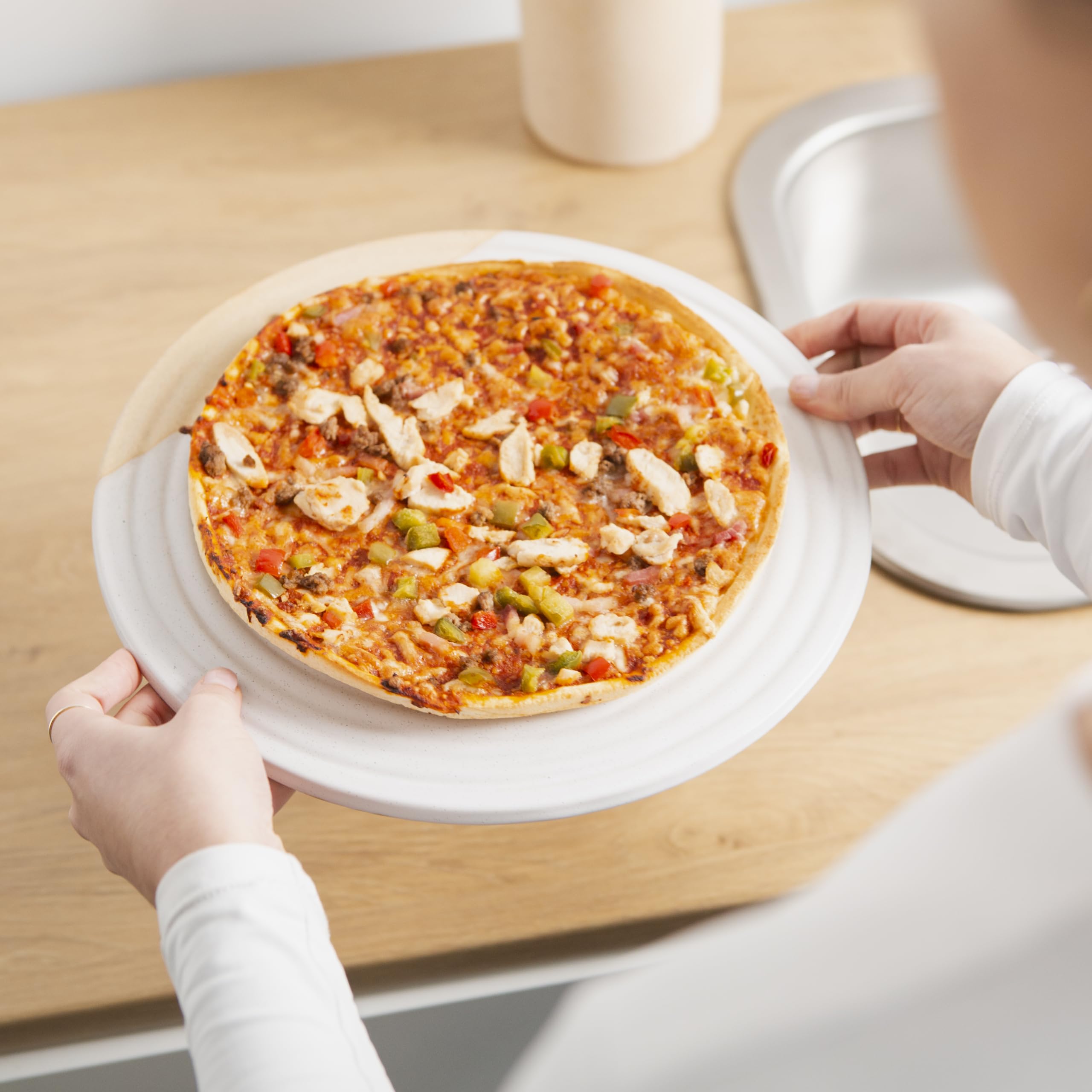 Amarcado Premium Ceramic Serving Platter, White - 12” Round - Dishwasher Safe, Oven Safe Appetizer Tray for Entertaining - Large Charcuterie Cheese Board Serving Dish Gift - Pizza Stone