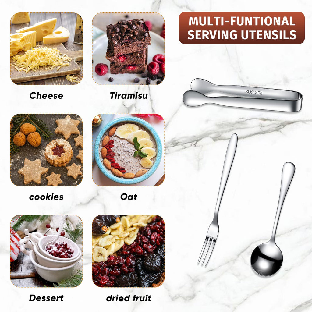 Cunhill 24 Pcs Charcuterie Accessories Mini Cocktail Tongs Small Serving Spoons and Appetizer Forks Stainless Steel Tongs Charcuterie Utensils for Valentine Party Supplies(Circular Spoon,Silver)