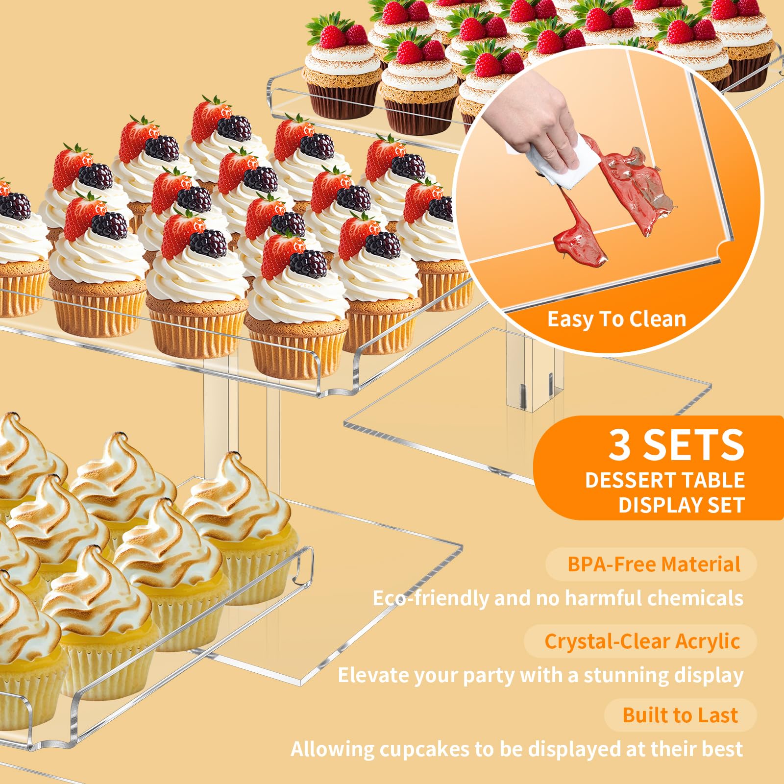 HEKORE 3 Tiered Serving Tray Set for Entertaining, 9" Acrylic Dessert Table Display Set, Cupcake Stand Buffet Risers for Wedding Birthday Party Baby Shower