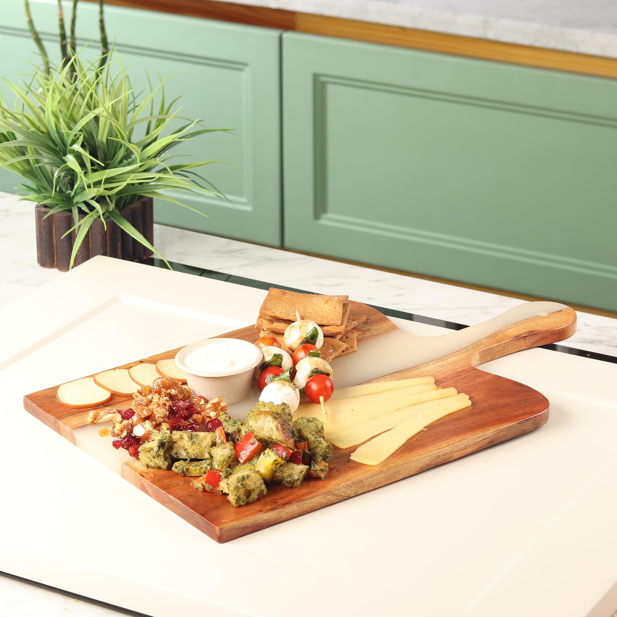 Acacia Wood & Epoxy cheese board | 16.5x10inch | Use as serving platter tray for charcuterie, appetizers, Snacks, dishes | Resin Cutting Board for fruits and vegetables | Cloudy White