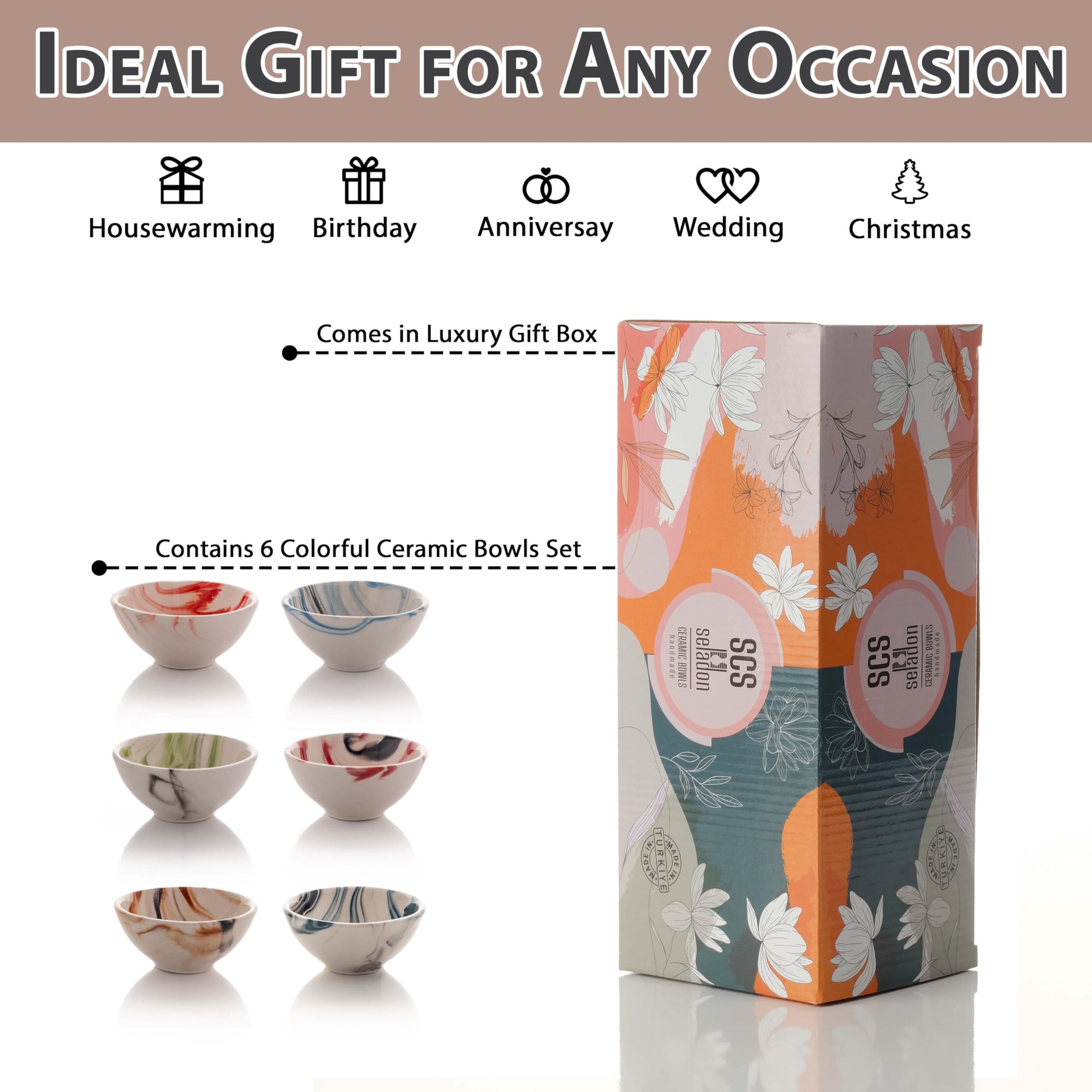 Small Ceramic Bowls Set of 6 | 3 oz Pinch Bowls for Dipping, Cooking Prep, and Charcuterie | Ideal for Snacks, Desserts, Side Dishes, Tapas, Nuts, and Ice Cream | Handmade Serving Dishes (Marble)
