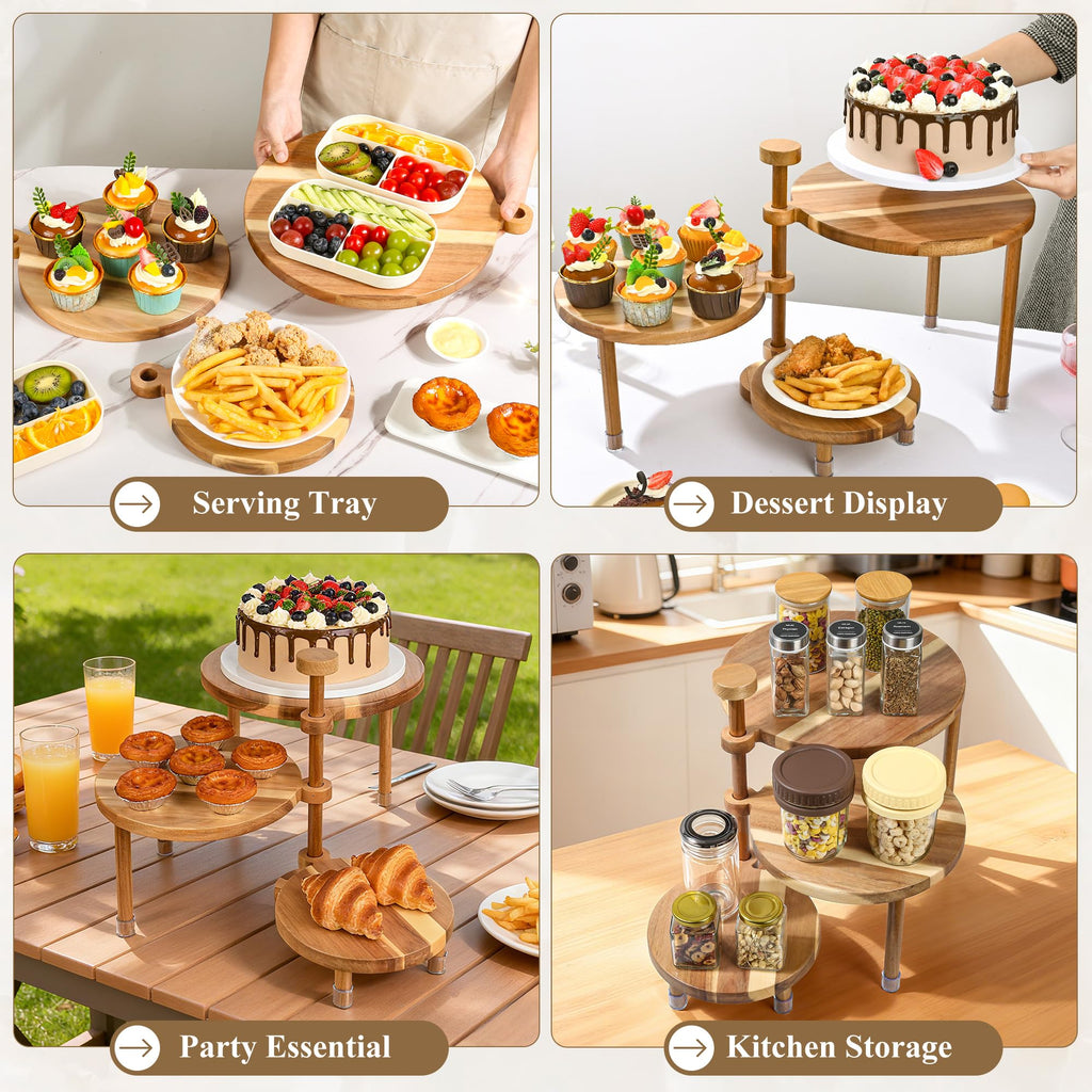 GEHE 3 Tier Round Cupcake Stand, 360° Rotatable Acacia Wood Cake Stand Cupcake Tower, Rustic Wooden Tiered Dessert Table Display Set, Tiered Tray Stands for Birthday, Wedding Party