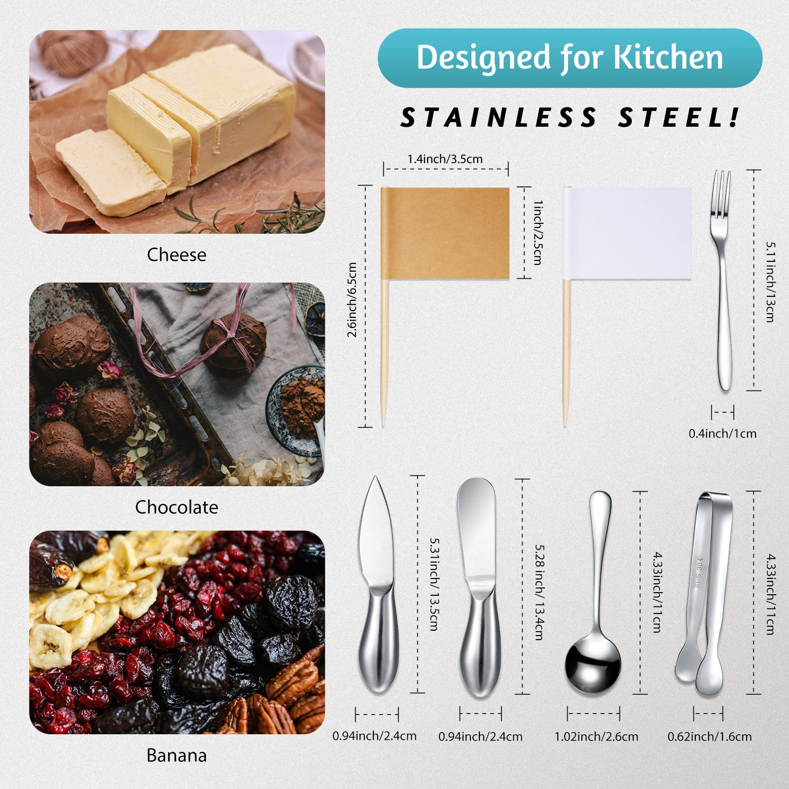 Patelai Charcuterie Board Accessories Cheese Spreader Knife Set Charcuterie Utensils Butter Knife Stainless Steel Mini Serving Tongs Spoons Appetizer Forks for Pastry(Silver,20 Pieces)