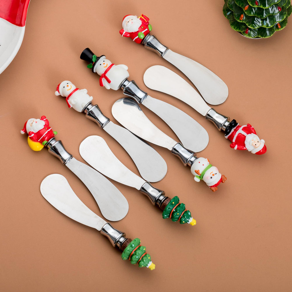HPYNPES Christmas Cheese Spreaders Set of 8 – Holiday Resin Hand-Painted Handles with Stainless Steel Blades – Festive Butter Knives for Cheese, Jam, Spreads – Christmas Party Appetizer Serving Decor