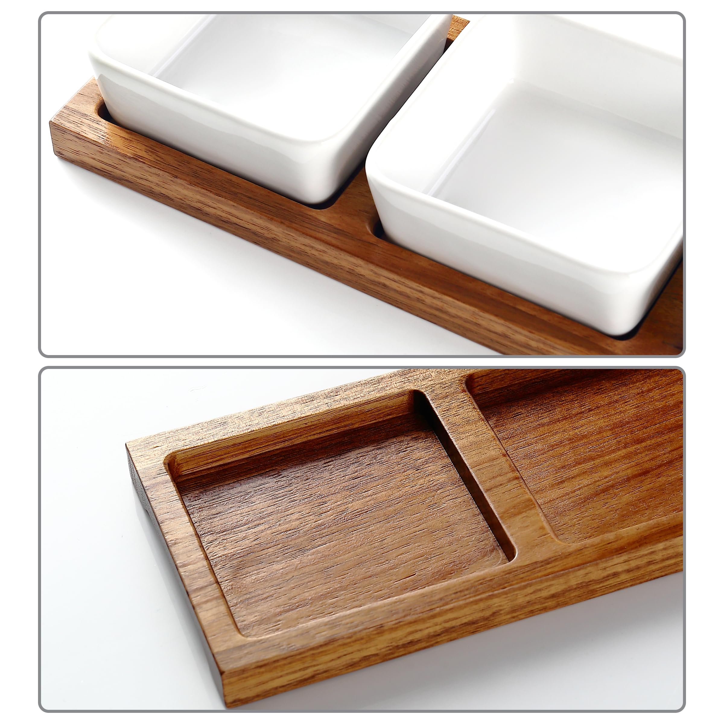 keramwerk 3 Pack Chip & Dip Serving Set with Wooden Tray, Oven Safe Bowls for Parties, Hosting Gifts, Cranberry/Soy Sauce Dish & Entertaining Essentials