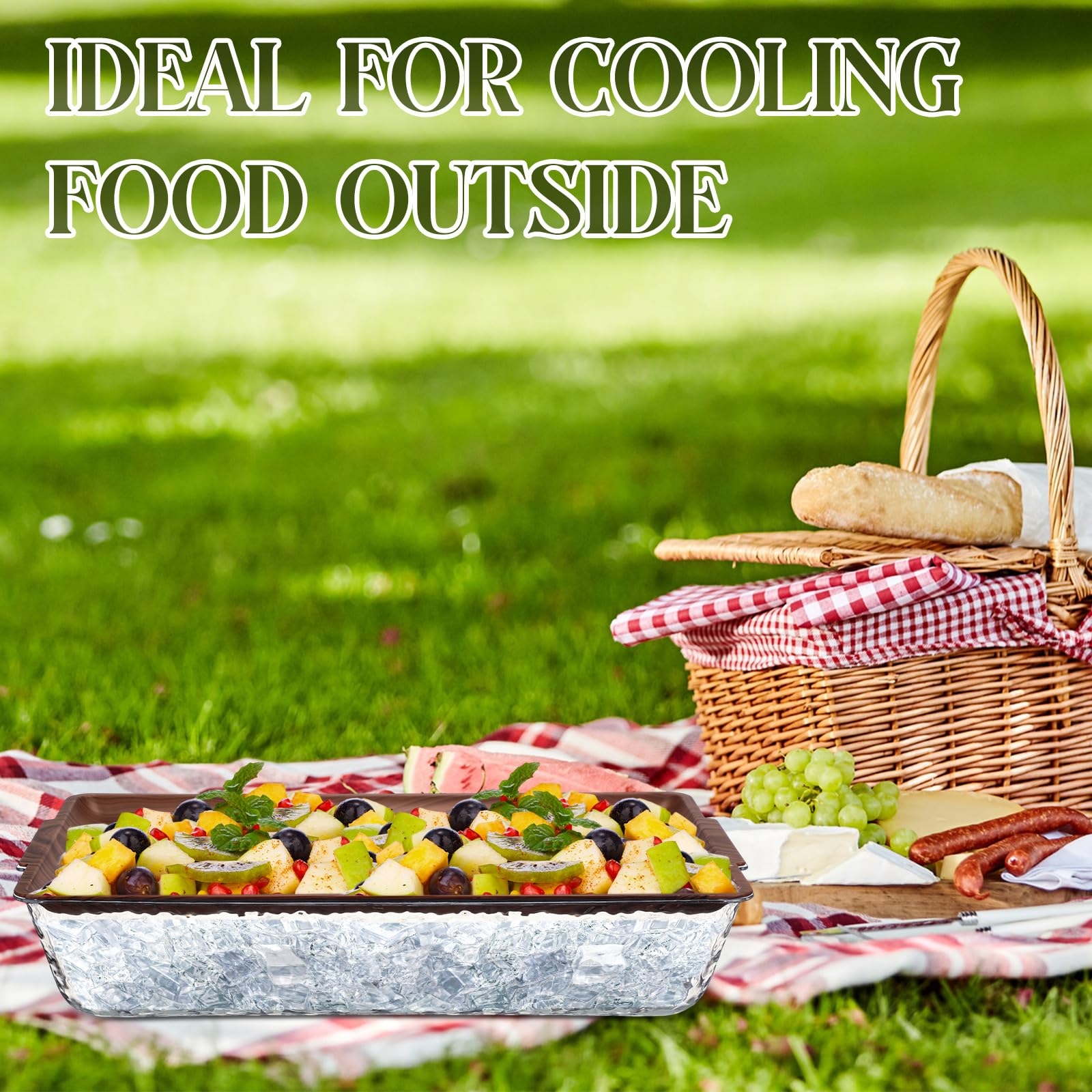 Baderke 2 Set 16" x 9" Plastic Chilled Serving Tray for Parties with Compartments Ice Chilled Party Platter Charcuterie Serving Board Cold Dish Dip for Fruit Seafood Vegetable Appetizer (Wooden Color)