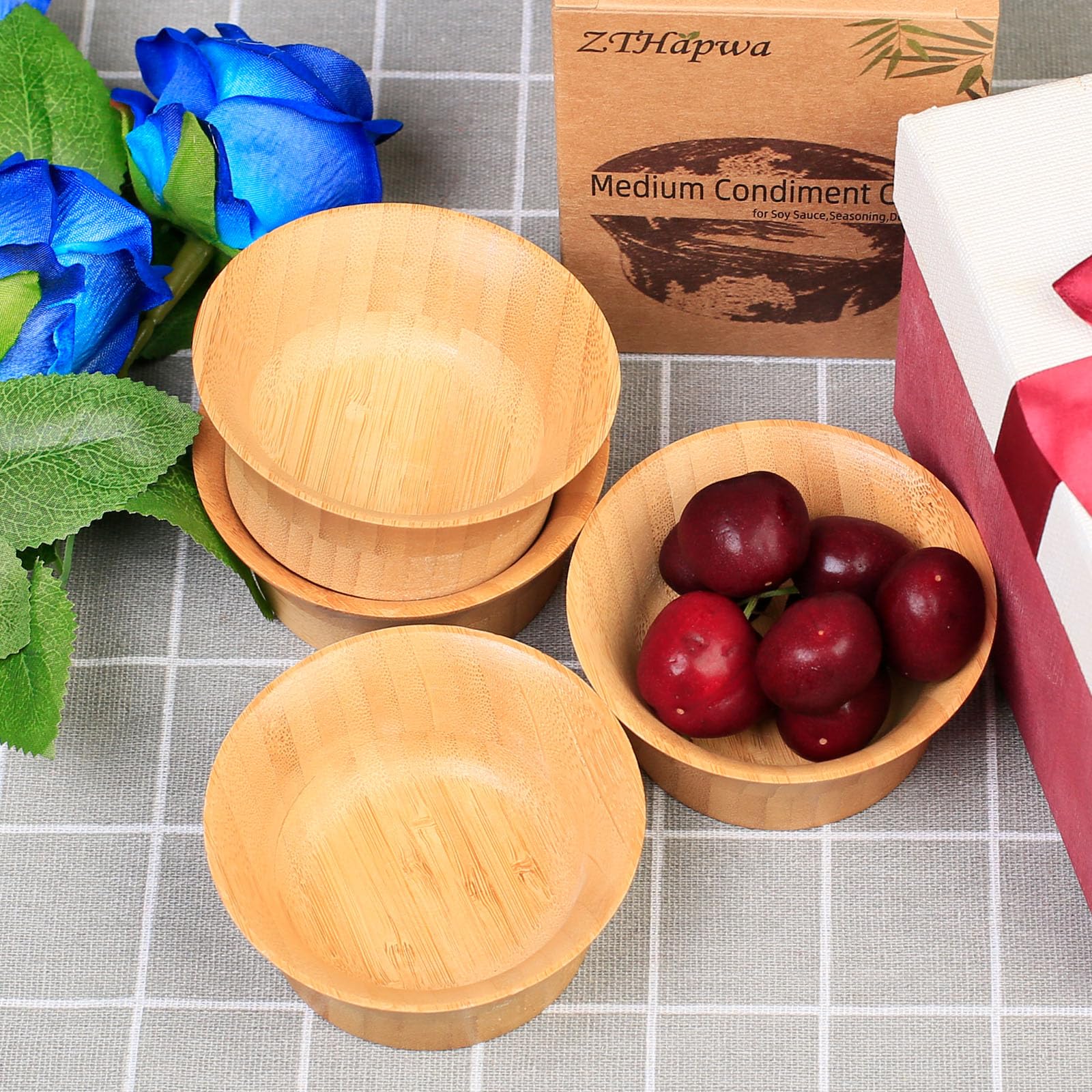 ZTHapwa Small Bamboo Wooden Bowls, 3.4 OZ Salsa Bowls for Side Dishes/Dipping Sauce, Hand Carved Kitchen Prep Bowl for Salt/Condiments, Charcuterie Board Accessories 4 Pcs