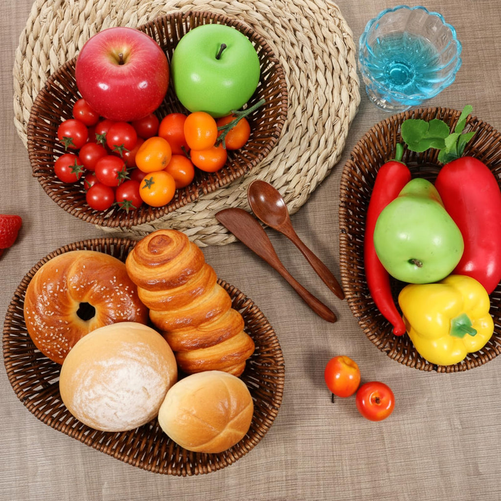 3 Pack Wicker Baskets, 11 Inch Woven Bread Baskets Sets, Handwoven Food Serving Basket, Wicker Bread Basket, Woven Tabletop Fruit & Vegetable Storage Bins for Home, Restaurant, Bakery