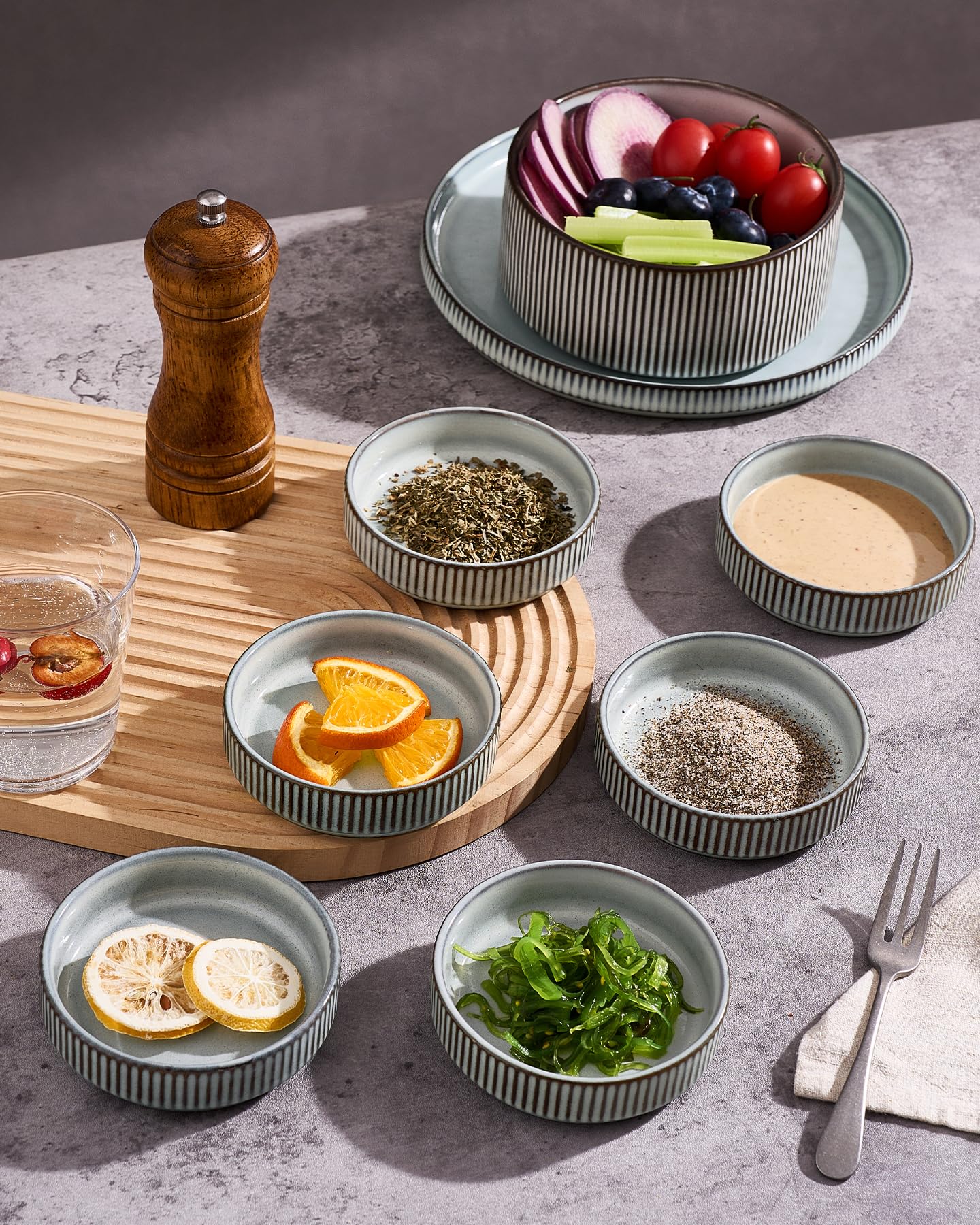famiware Star Soy Sauce Dish Ceramic Dipping Bowls Set of 6, 4 oz Individual Dip Sauce Cups/Bowls/Dishes/Plates, Small Serving Bowl for Side Dishes, Dessert, Ice Cream, Condiments, Sushi - Smoky Blue