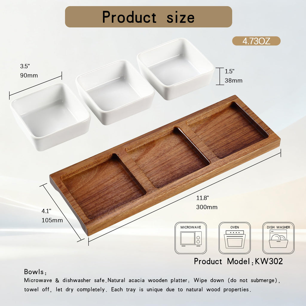 keramwerk 3 Pack Chip & Dip Serving Set with Wooden Tray, Oven Safe Bowls for Parties, Hosting Gifts, Cranberry/Soy Sauce Dish & Entertaining Essentials