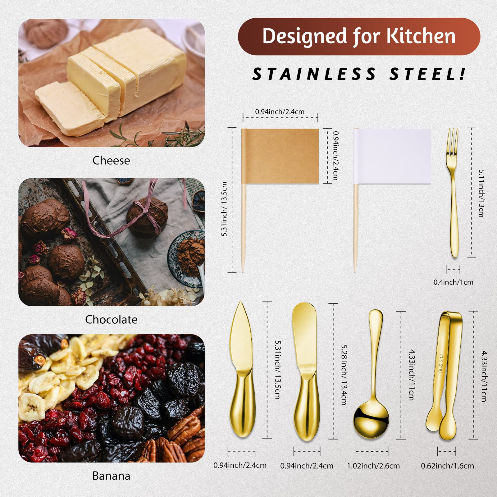 Patelai Charcuterie Board Accessories Cheese Spreader Knife Set Charcuterie Utensils Butter Knife Stainless Steel Mini Serving Tongs Spoons Appetizer Forks for Pastry(Golden,18 Pieces)
