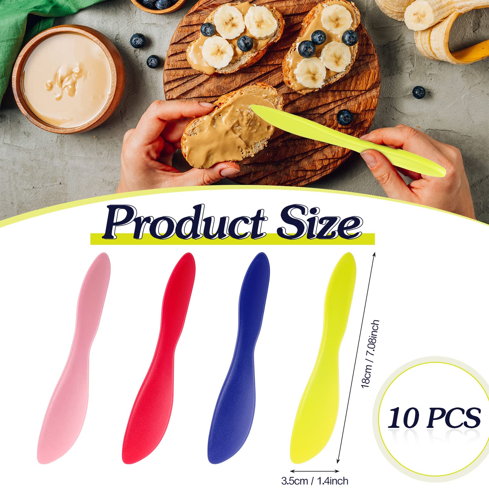 Perthlin 10 Pieces Plastic Butter Spreader Multi Purpose Butter Knife Spreader Versatile Knife Frosting Knives for Soft Cheese Cream Icing, 7 x 1.4 Inch(Red, Green, Blue, Pink)