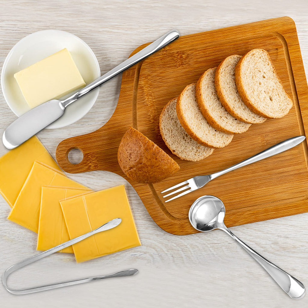 Suwimut 32 Pieces Cheese Butter Spreader Knives Set, Charcuterie Accessories Stainless Steel Cheese Spreader Knives, Mini Serving Tongs, Spoons and Forks for Butter Cheese Jam Appetizer Pastry Making
