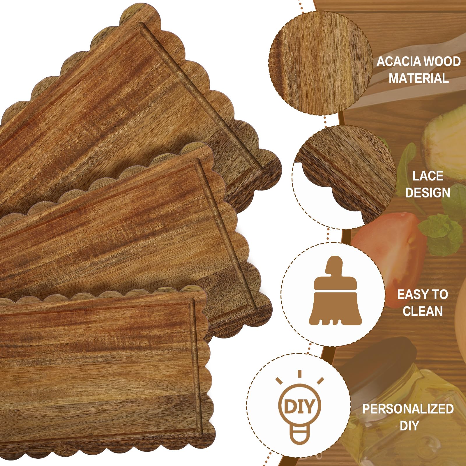Acellegic 3 Pcs Acacia Wood Scalloped Cutting Boards for Kitchen with Juice Groove Blank Wood Charcuterie Tray for Snack Cheese Appetizers Grazing Platter Engraving Gift Crafts Rustic Wall