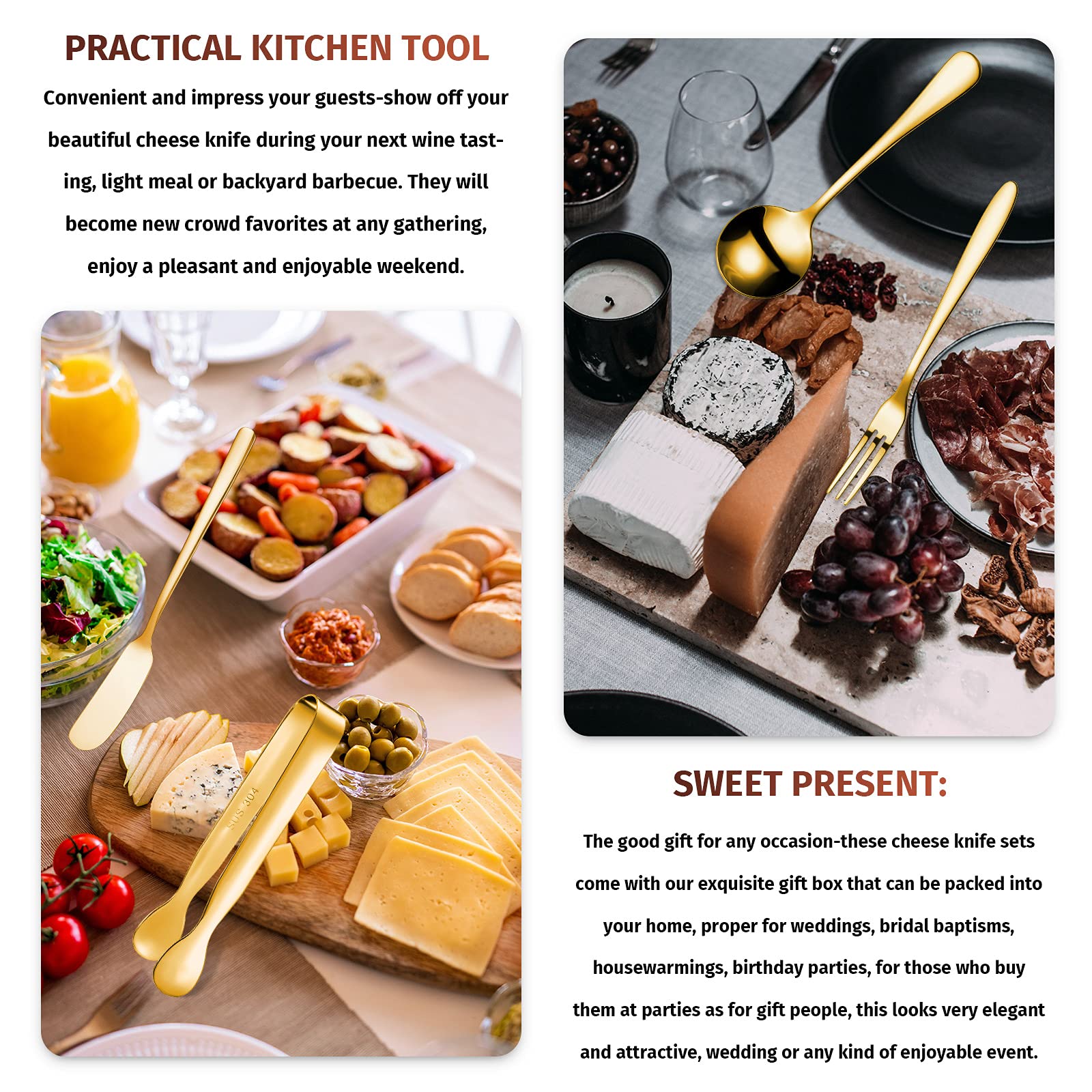 Patelai Charcuterie Boards Accessories Charcuterie Utensils Set Cheese Butter Spreader Knives Stainless Steel Mini Serving Tongs Spoons Forks and Toothpick Flags for Appetizers Pastry(Golden)