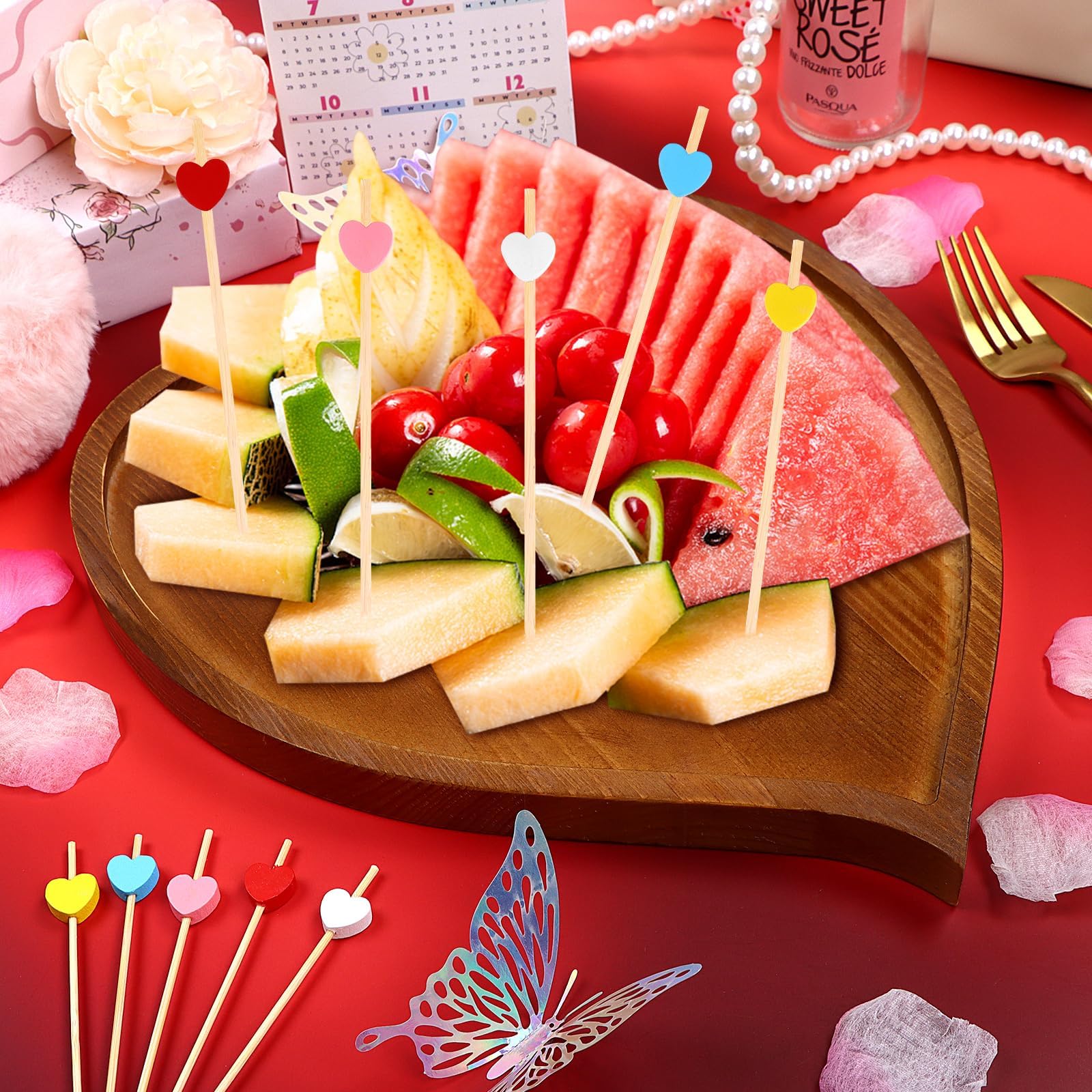 2 Pcs Heart Shaped Charcuterie Board Wood Lips Heart Food Tray Serving Platter with 100 Heart Cocktail Picks Valentines Charcuterie Board Cheese Board for Valentine's Day Decor Kitchen Accessories