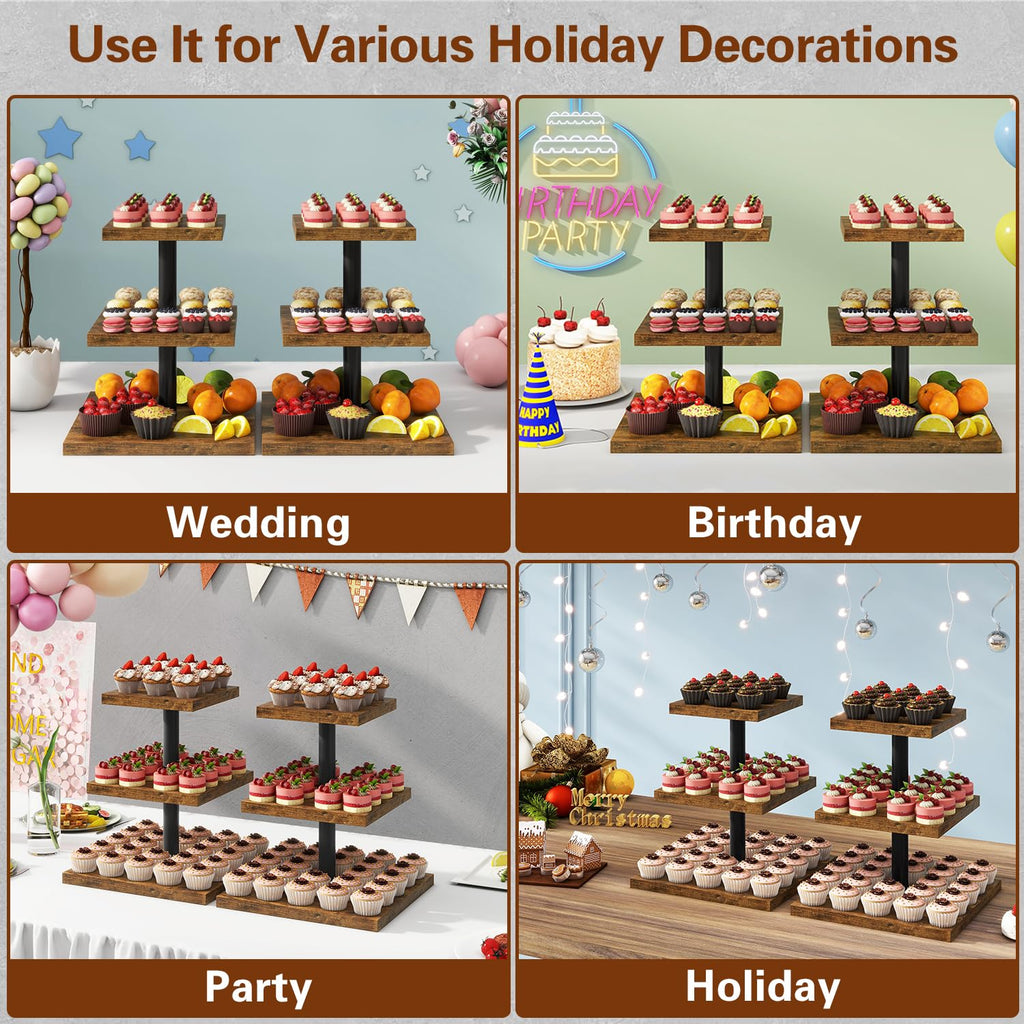 IBUYKE 3 Tier Cupcake Stand,Set of 2,Cupcake Tower,Square Serving Dessert Display Stand,Cupcake Tray Stand,Dessert Tree Tower for Christmas Birthday,Home Party, Wedding,Rustic Brown UTLJ014H-2