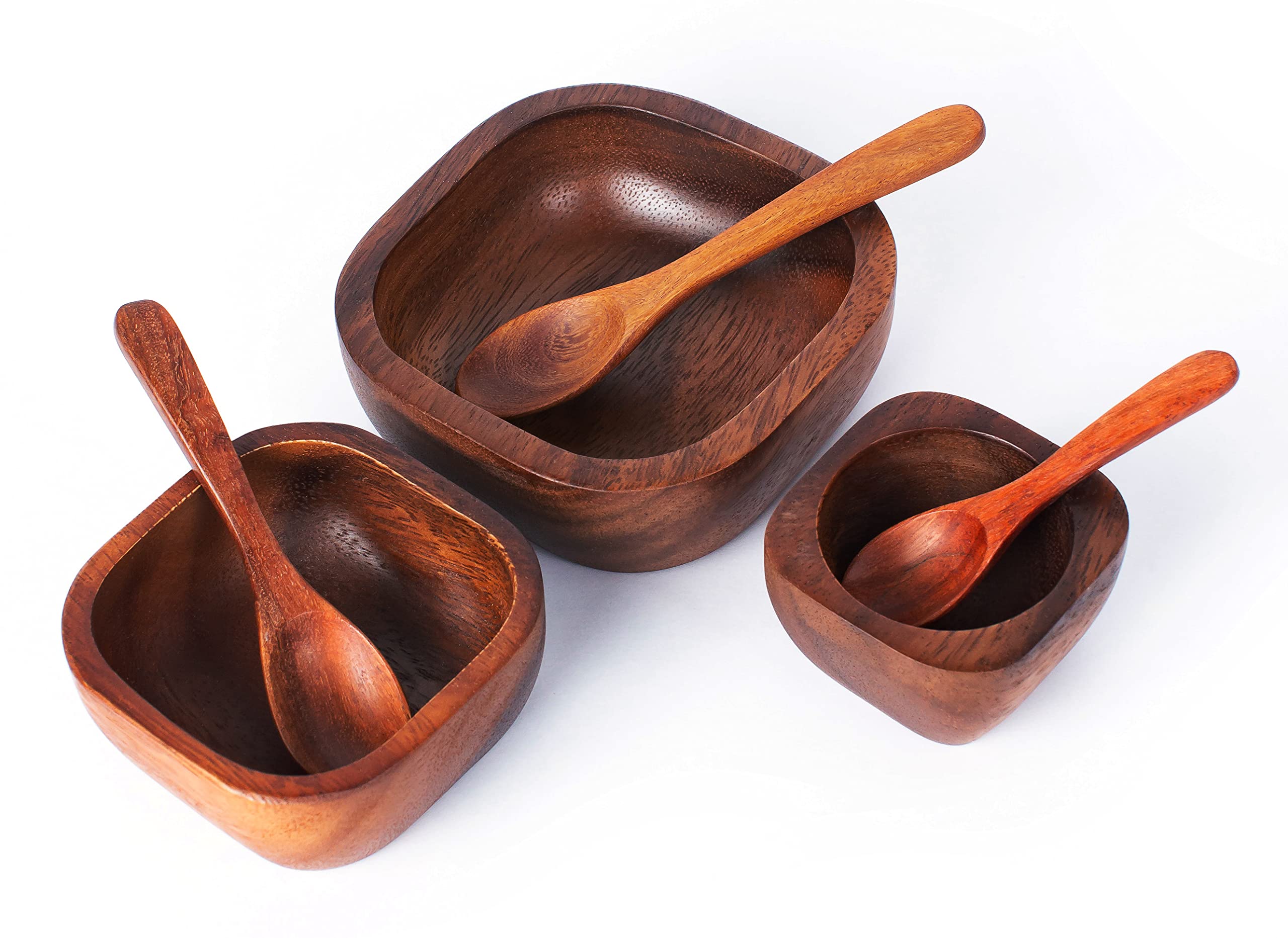 BestySuperStore Tiny Nesting Square Wood Bowls Mix Size 3¾”, 2¾”, 2⅛” Stackable Acacia Wooden Bowl Set with 3 spoons for serving salad dip sauce snack rice pasta cereal Decor Tableware Nest Dish Sets