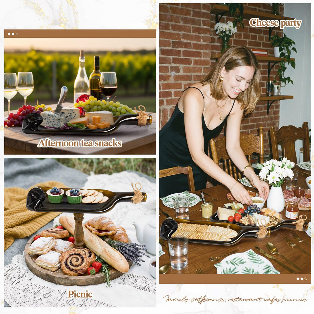 Bokon 1 Pcs Melted Wine Bottle Serving Board Decorative Cheese Tray Charcuterie Board with Knife Fork Cracker Platter Wine Lover Gift for Party Valentines Housewarming Accessories (Brown)