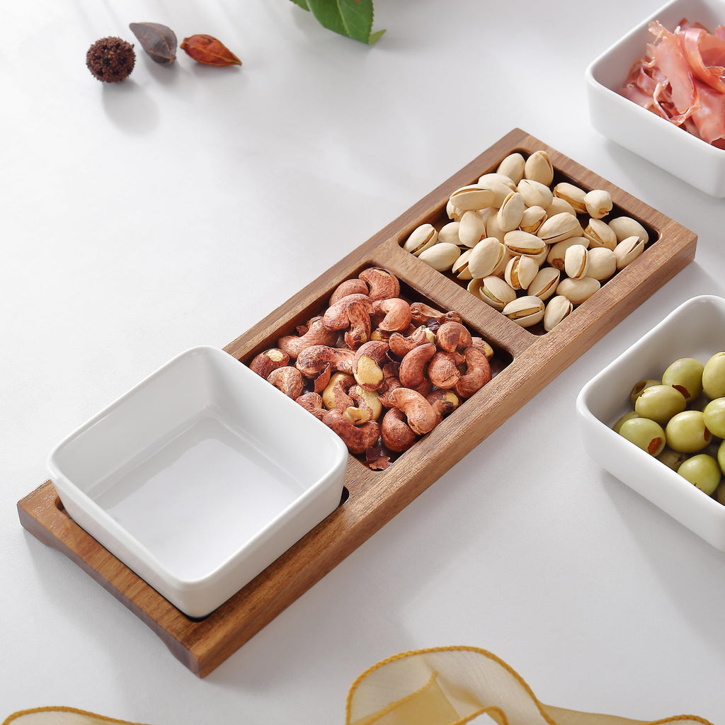 keramwerk 3 Pack Chip & Dip Serving Set with Wooden Tray, Oven Safe Bowls for Parties, Hosting Gifts, Cranberry/Soy Sauce Dish & Entertaining Essentials