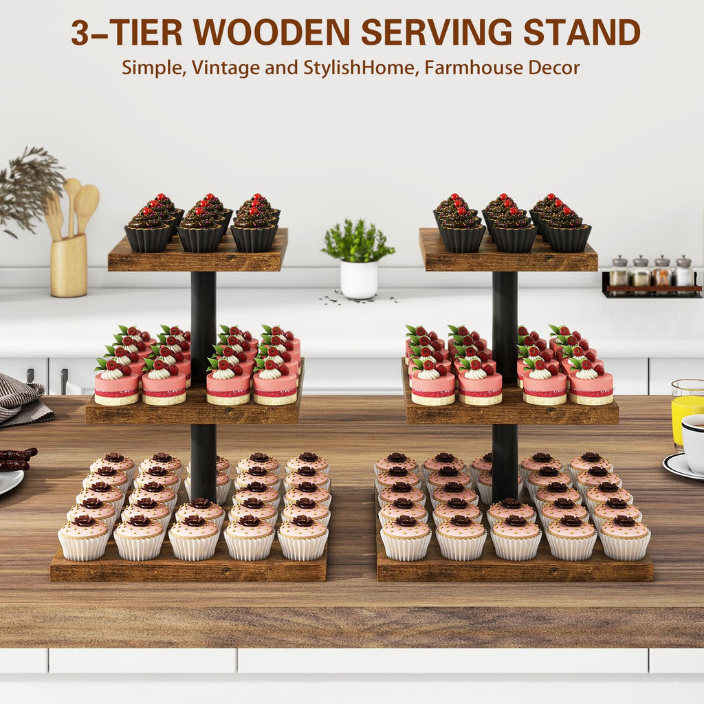 IBUYKE 3 Tier Cupcake Stand,Set of 2,Cupcake Tower,Square Serving Dessert Display Stand,Cupcake Tray Stand,Dessert Tree Tower for Christmas Birthday,Home Party, Wedding,Rustic Brown UTLJ014H-2