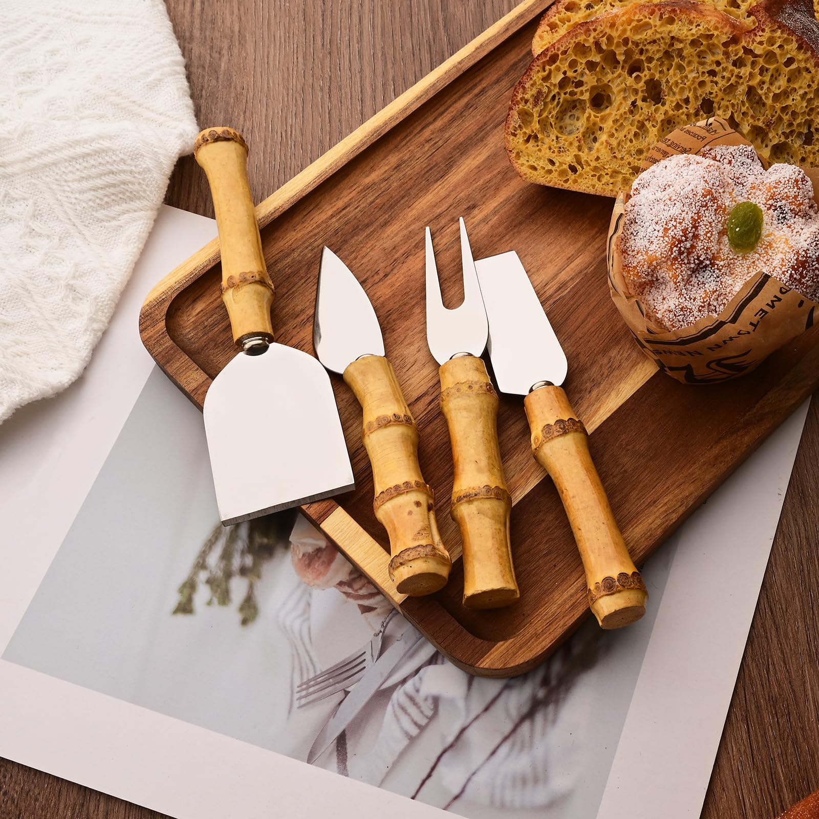 Uniturcky Bamboo Cheese Knife Set, 8-Piece Steel Stainless Cheese knife Set with Bamboo Handle, Mini Cheese Cutter, Cheese Fork, Cheese Slicer, Spreader, For Party, Travel and Kitchen