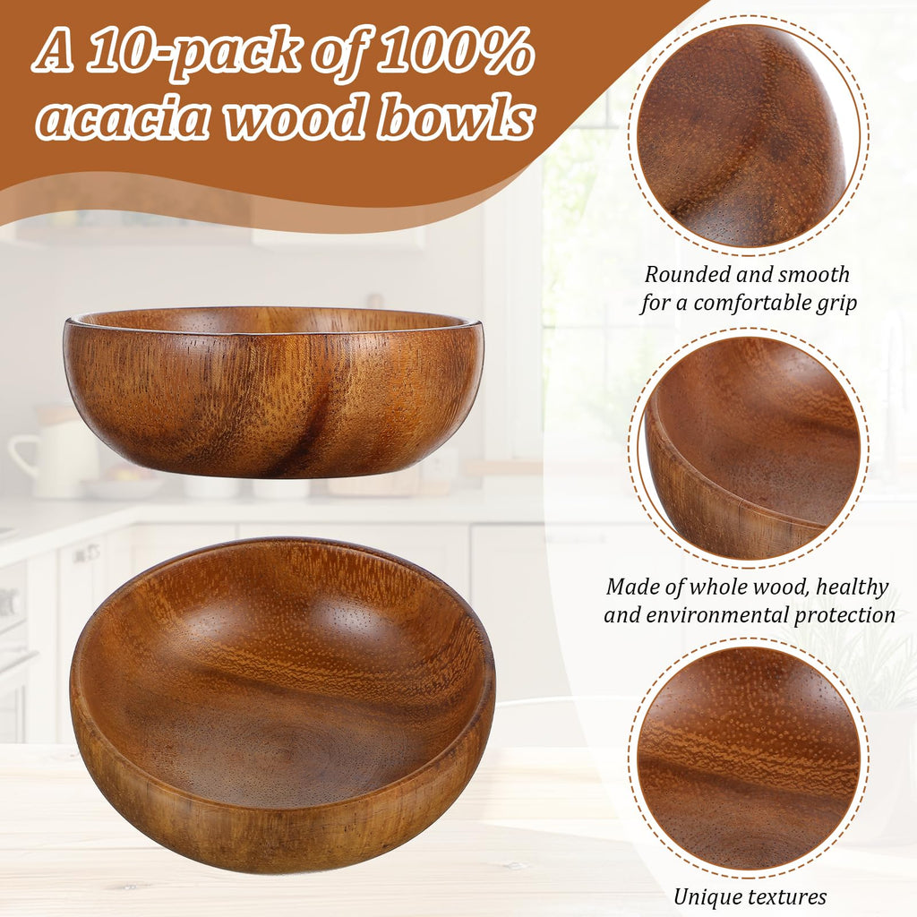 JIEYAO 10 Pcs 3.9" Acacia Wood Bowls, Small Wooden Salad Bowls Hand Carved Sauce Dipping Bowls Mini Calabash Dip Tray for Serving Popcorn Pasta Candy Coconut Nuts Sauce Appetizers