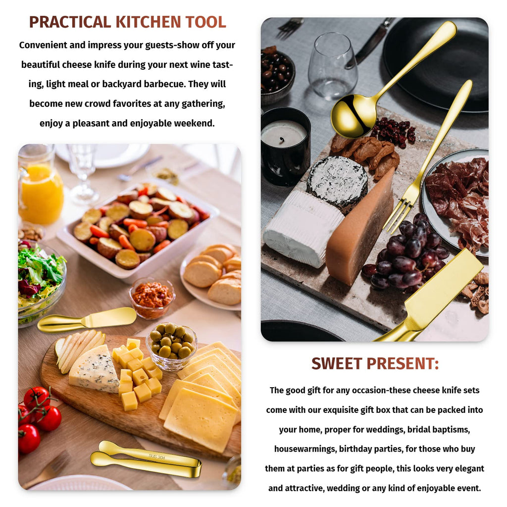 Patelai Charcuterie Board Accessories Cheese Spreader Knife Set Charcuterie Utensils Butter Knife Stainless Steel Mini Serving Tongs Spoons Appetizer Forks for Pastry(Golden,18 Pieces)