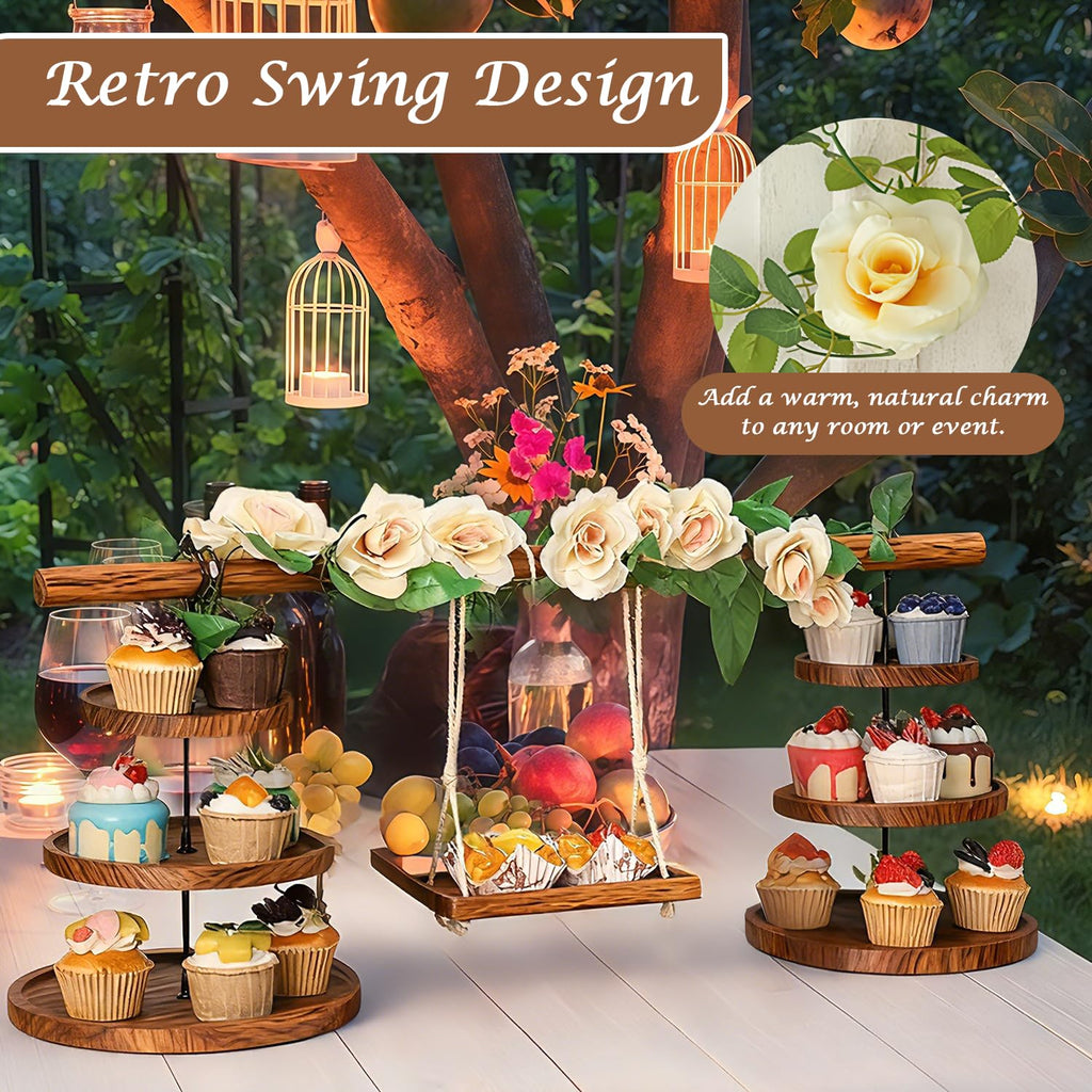 Wooden 3 Tier Cupcake Stand with Swing and Rose Vines Decor, Dessert Table Display Set Rustic Serving Tray Cupcake Tower for Cupcake, Fruit, Donut at Tea Party,Birthday, Baby Shower,Wedding,Christmas