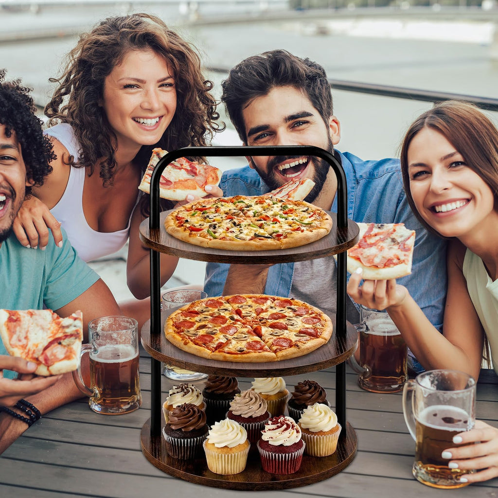 Teecyhooo 4 Pcs Wooden Pizza Stands Tiered Serving Tray Stand with 3 Pizza Servers for Pie Cupcake Dessert Cheese Party Restaurant