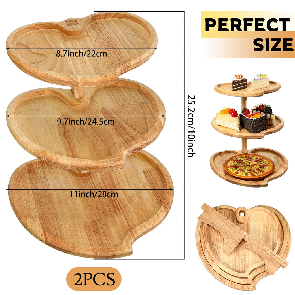 Wenqik 2 Pcs Valentine's Day 3 Tier Wooden Tiered Tray Cupcake Stand Heart Shaped 3 Tier Serving Tray Rustic Farmhouse Dessert Display Tiered Cake Holder for Tea Party Baby Shower Wedding Birthday