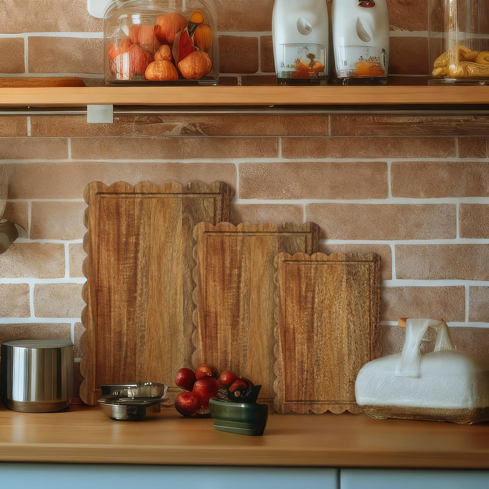 Acellegic 3 Pcs Acacia Wood Scalloped Cutting Boards for Kitchen with Juice Groove Blank Wood Charcuterie Tray for Snack Cheese Appetizers Grazing Platter Engraving Gift Crafts Rustic Wall