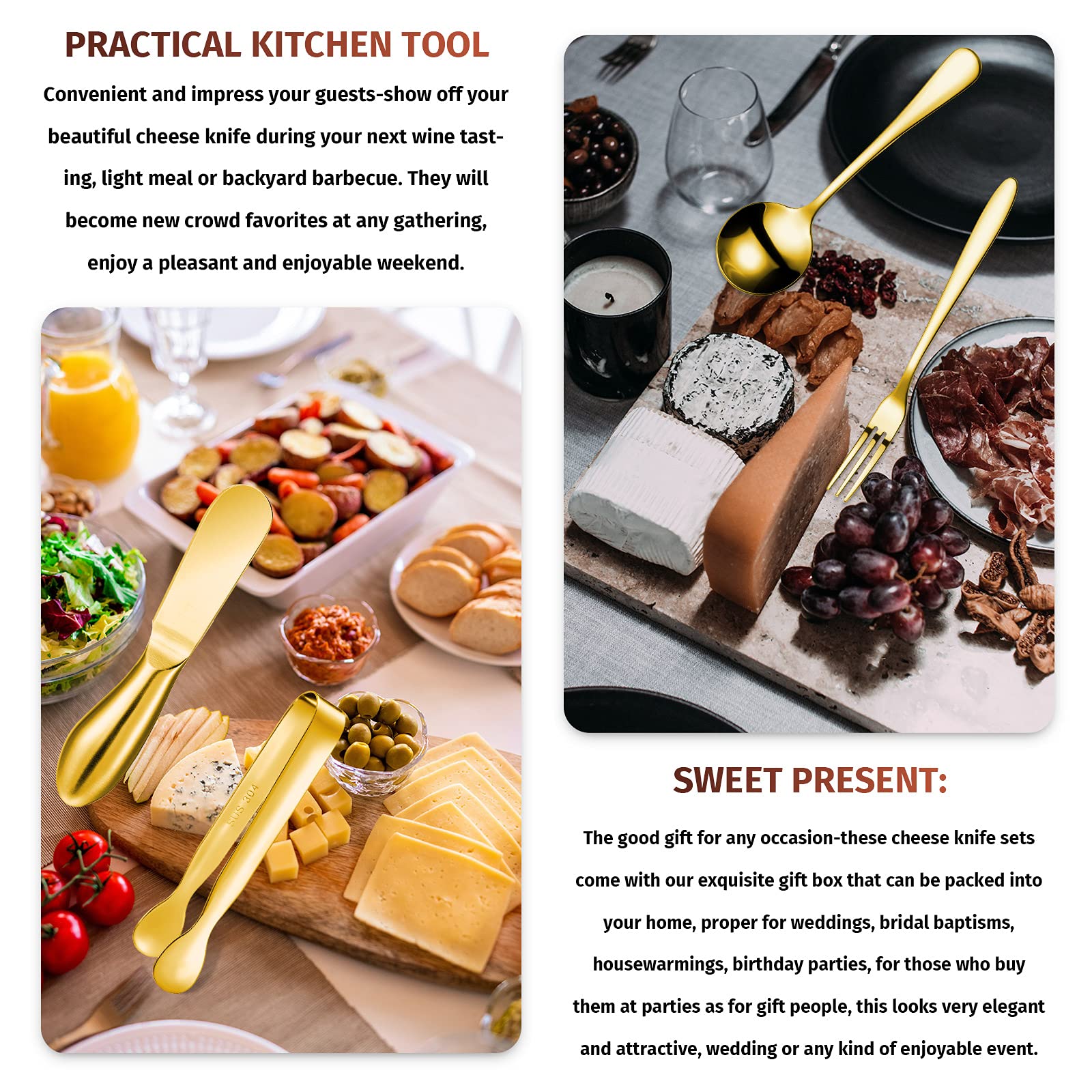 Patelai 14 Pieces Charcuterie Board Accessories Cheese Spreader Knives Set Stainless Steel Charcuterie Utensils Spreader Knives Mini Serving Tongs Spoons and Forks for Cheese and Pastry Making (Gold)