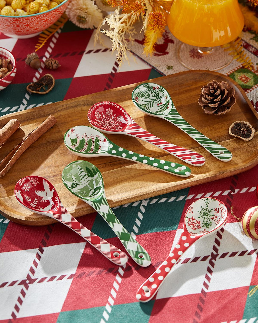 Metahom Christmas Ceramic Spoons, Small Serving Spoons for Soups, Ramen, Cereal, Condiments, Dips, Charcuterie Boards, Dishwasher & Microwave Safe, Set of 6