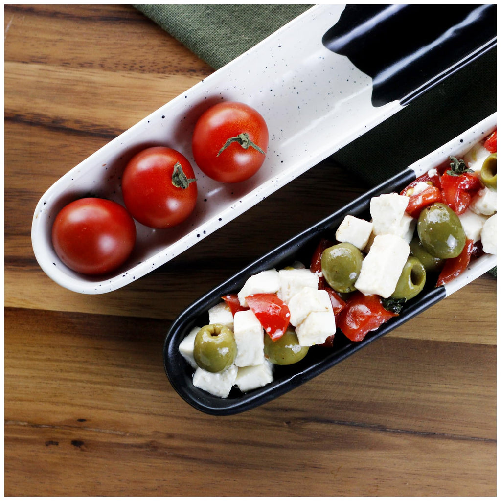 roro Black and White 9-Inch Long Ceramic Olive Tray - Set of 2 | Handcrafted Speckled Stoneware for Charcuterie, Olives, Nuts, Sauces, and Small Appetizers
