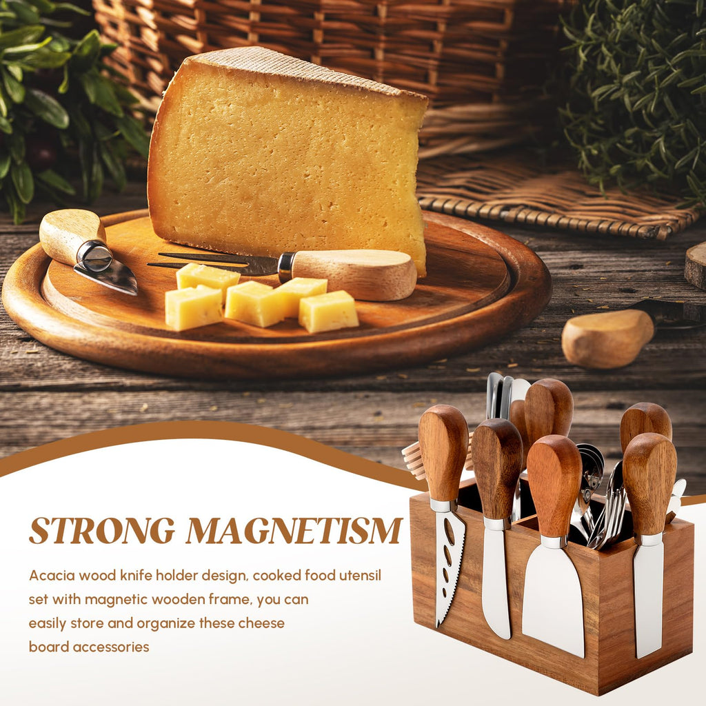 Hushee 44 Pcs Charcuterie Boards Accessories with Magnetic Acacia Wood Holder Wooden Cheese Knife Set for Wood Handle Knives for Cheese Knife Slicer with Tongs, Spoons, Forks, Honey Dipper (Style 2)
