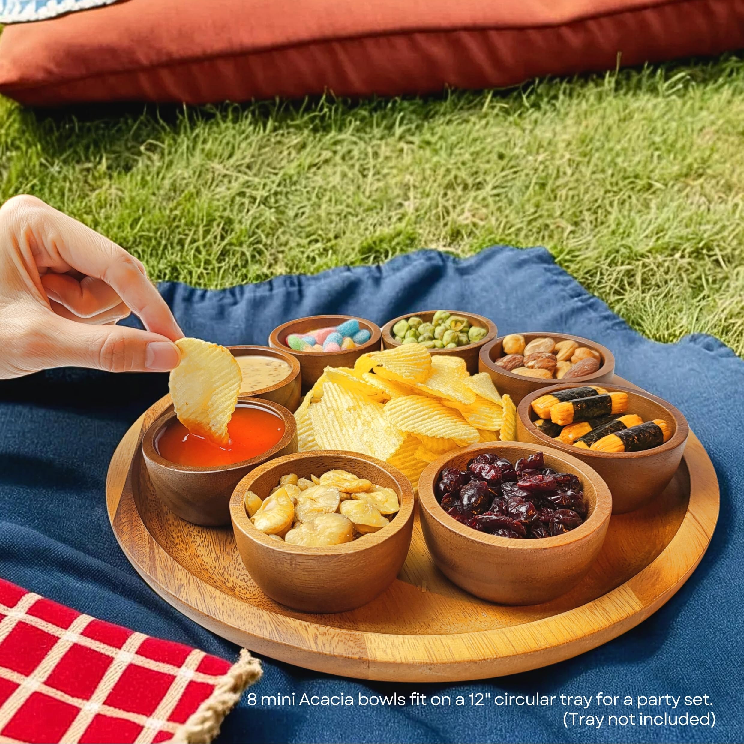 gwynth Small Round Acacia Wood Bowls 8 Pcs, 2.8" Diameter Hand Carved Wooden Bowl Set for Dipping Sauce, Salsa, Prep, Salt, Condiments, Charcuterie board accessories