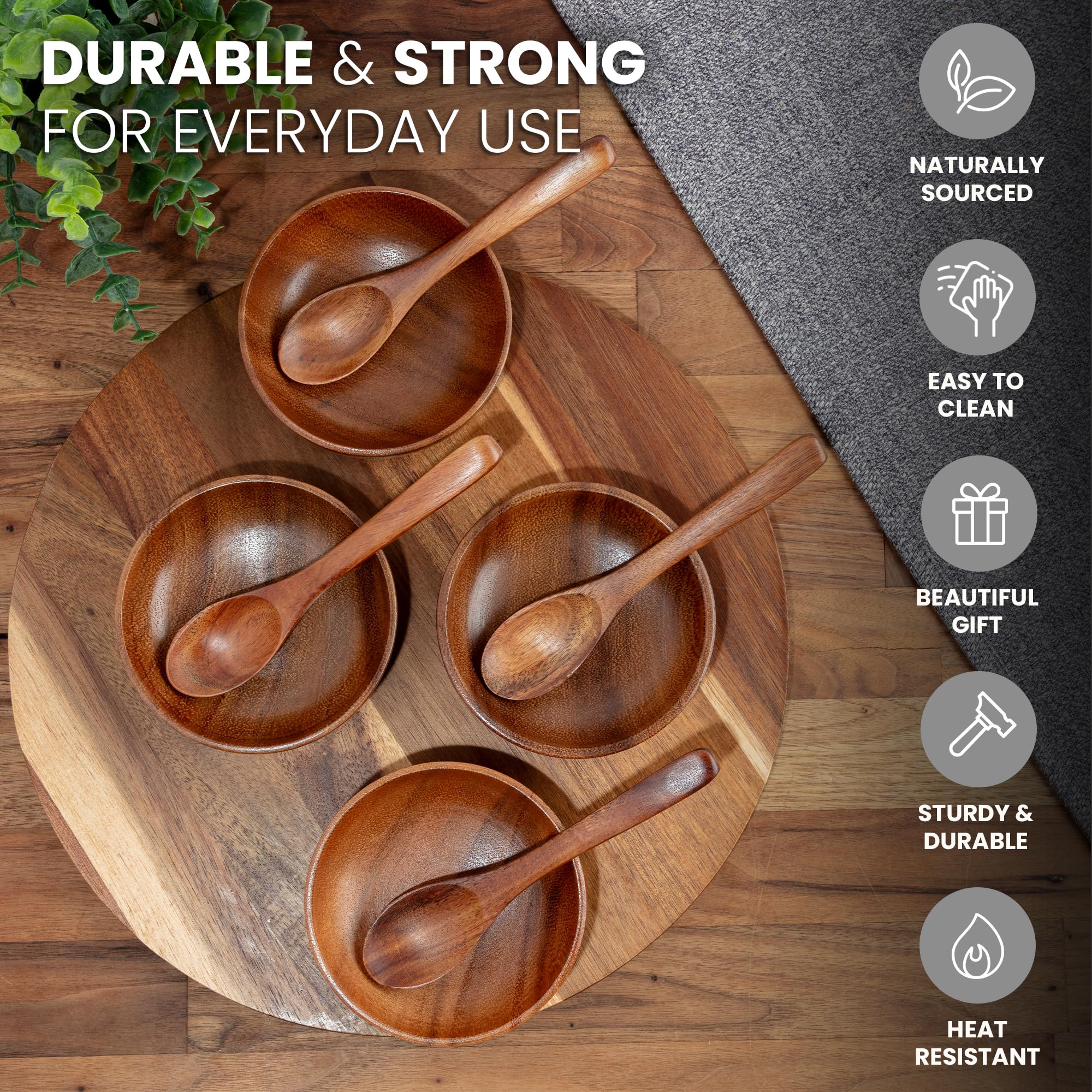 Zulay Kitchen Teak Wood Dipping Bowls with Spoons Set – 8 Piece Wooden Serving Set with 4 Mini Bowls and 4 Small Spoons, Handcrafted Natural Teak Wood, Durable & Smooth Finish