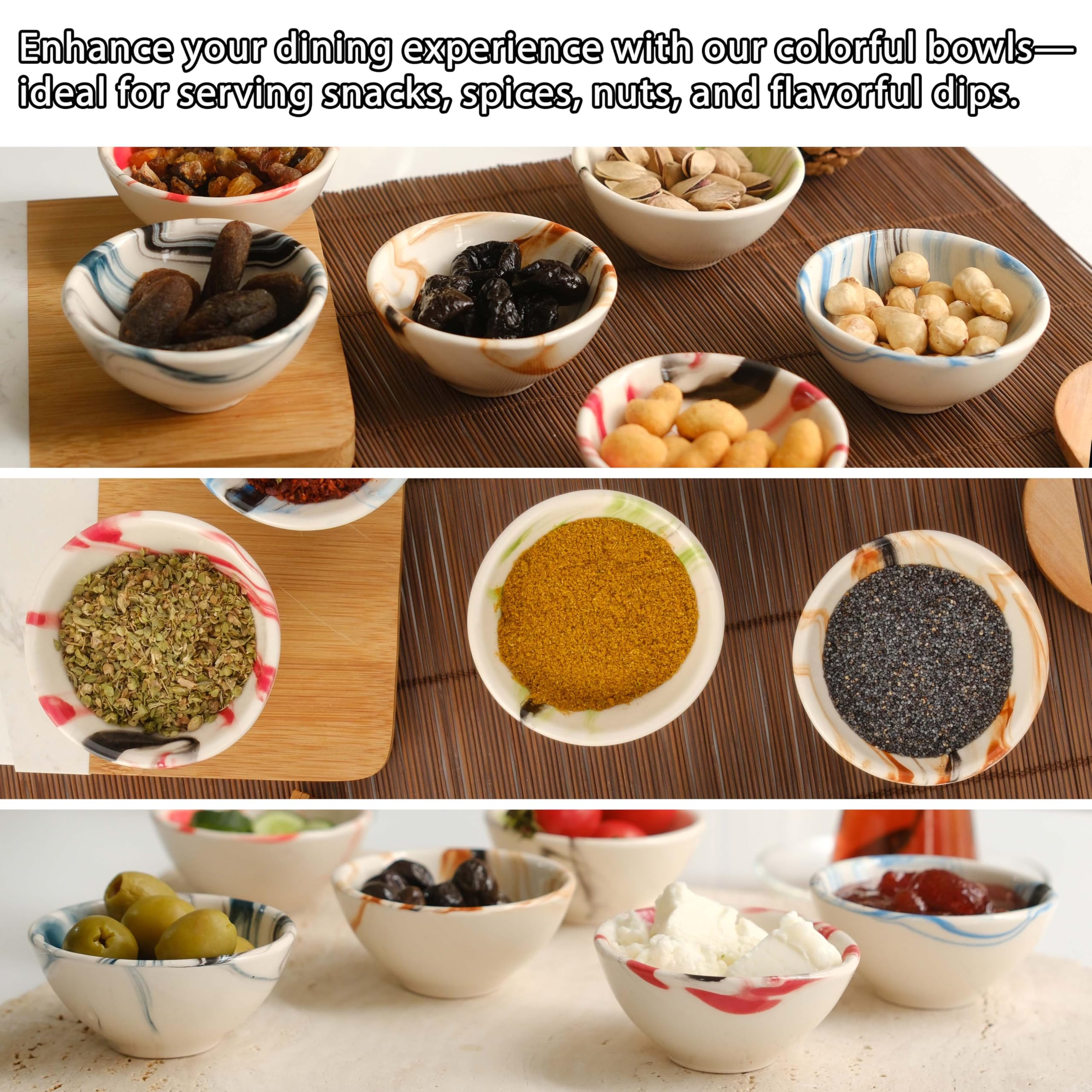 Small Ceramic Bowls Set of 6 | 3 oz Pinch Bowls for Dipping, Cooking Prep, and Charcuterie | Ideal for Snacks, Desserts, Side Dishes, Tapas, Nuts, and Ice Cream | Handmade Serving Dishes (Marble)