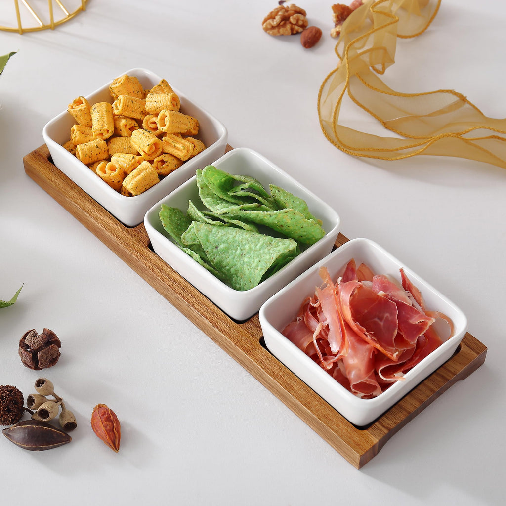 keramwerk 3 Pack Chip & Dip Serving Set with Wooden Tray, Oven Safe Bowls for Parties, Hosting Gifts, Cranberry/Soy Sauce Dish & Entertaining Essentials