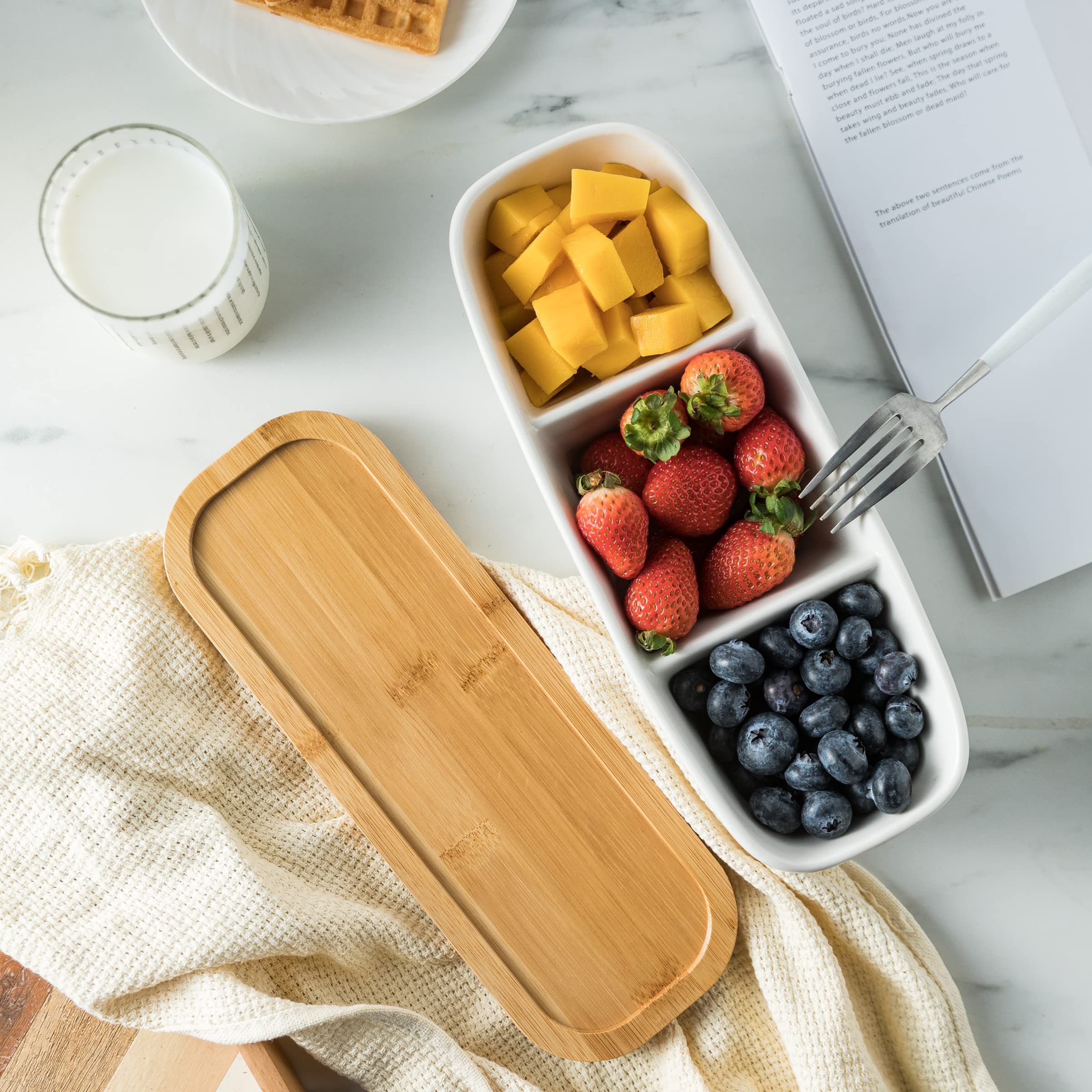 Miamolo 3 Compartment Condiment Tray, Chip and Dip Bowl with Wooden Serving Tray, Perfect for Snacks, Appetizers, Charcuterie, Chips, Candy, 10-inch Chip and Dip Serving Set for Parties